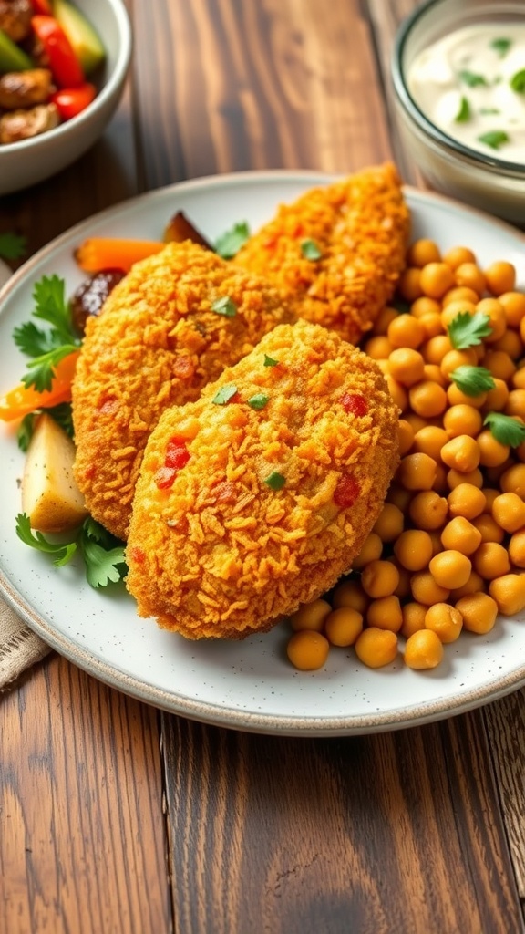 Air-fried chicken tenders with roasted vegetables and crispy chickpeas on a rustic table.